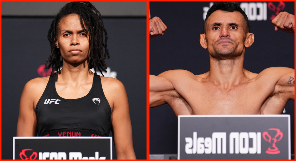 Split image of Luana Carolina and Douglas Silva de Andrade on the UFC's weigh-in scales.