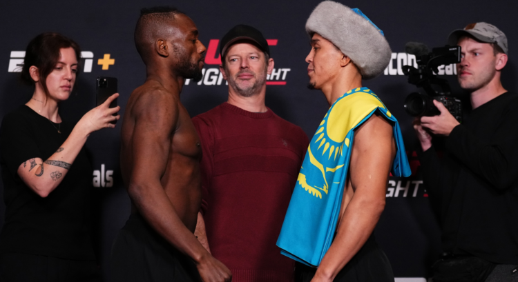Image of Manel Kape and Asu Almabayev facing off at the UFC Vegas 103 official weigh-in.
