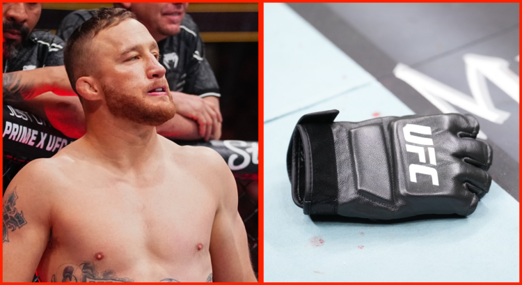 Split image of Justin Gaethje preparing to face Max Holloway at UFC 300, opposite photo of UFC glove in the Octagon.