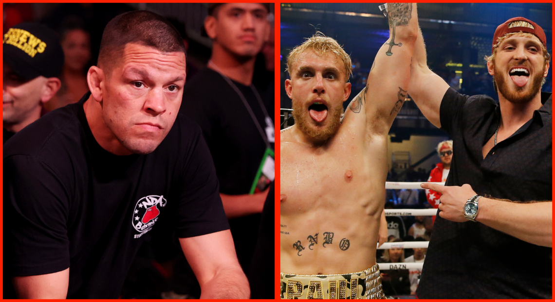 Image of Nate Diaz in attendance at Jake Paul vs. Anderson Silva, opposite Jake Paul and Logan Paul after Jake knocks out Ben Askren.