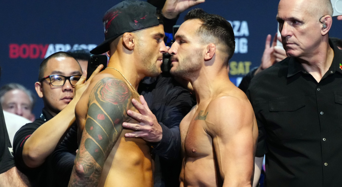 Dustin Poirier and Michael Chandler come face-to-face at the UFC 281 ceremonial weigh-in.