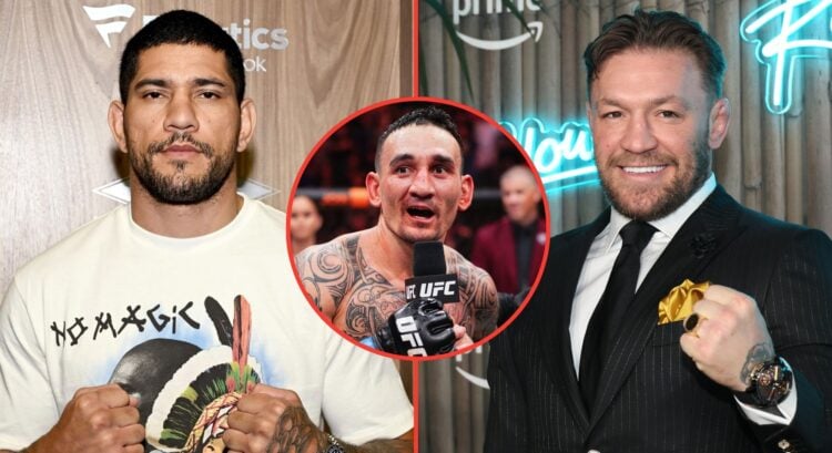 Split image of Alex Pereira and Conor McGregor. Inset, Max Holloway