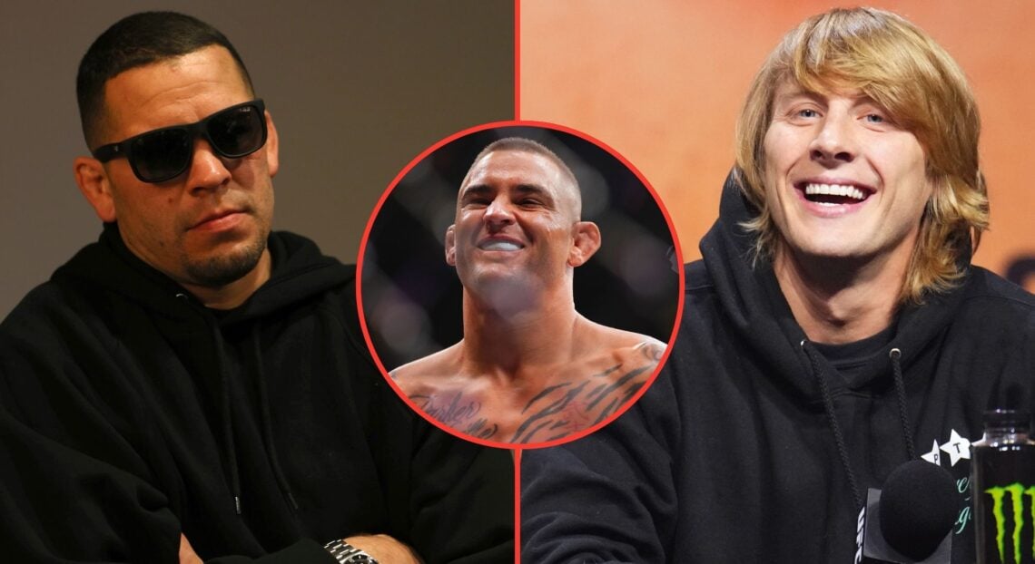 Split image of Nate Diaz and Paddy Pimblett. Inset, Dustin Poirier.