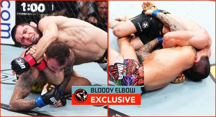 Split image of Islam Makhachev vs Renato Moicano and Islam Makhachev vs Dustin Poirier with overlay text reading BLOODY ELBOW EXCLUSIVE