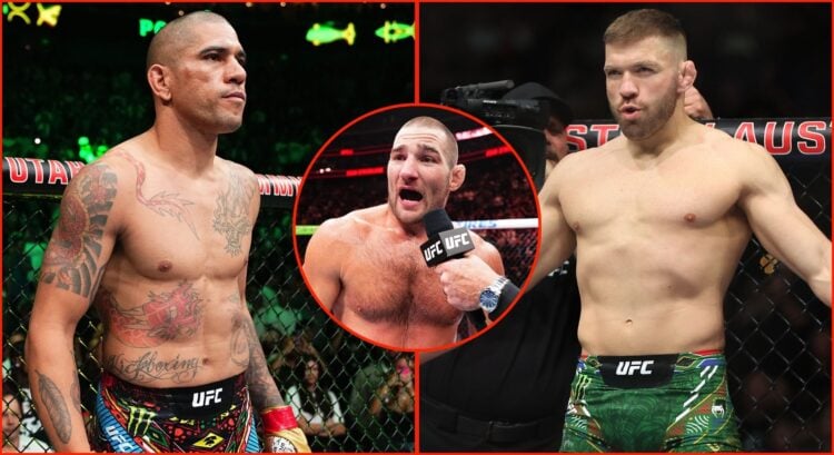 Split image of Alex Pereira and Dricus Du Plessis. Inset, Sean Strickland.
