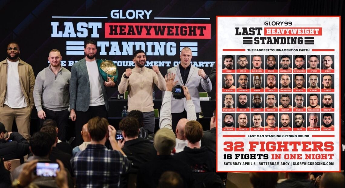 Image of GLORY 99 press conference. Inset, event poster