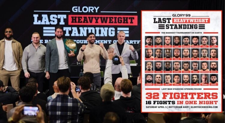 Image of GLORY 99 press conference. Inset, event poster