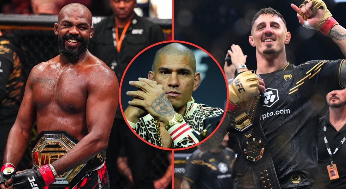 Split image of Jon Jones and Tom Aspinall. Inset, Alex Pereira