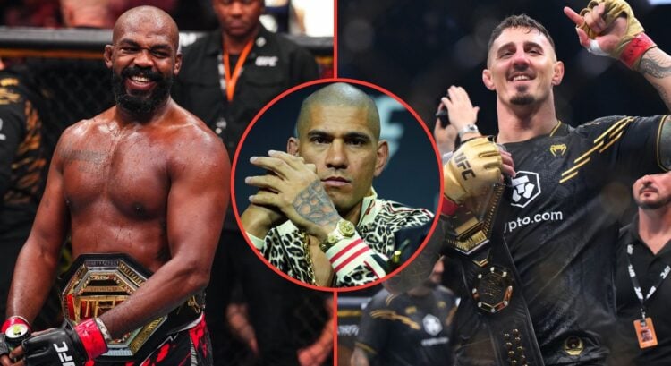 Split image of Jon Jones and Tom Aspinall. Inset, Alex Pereira