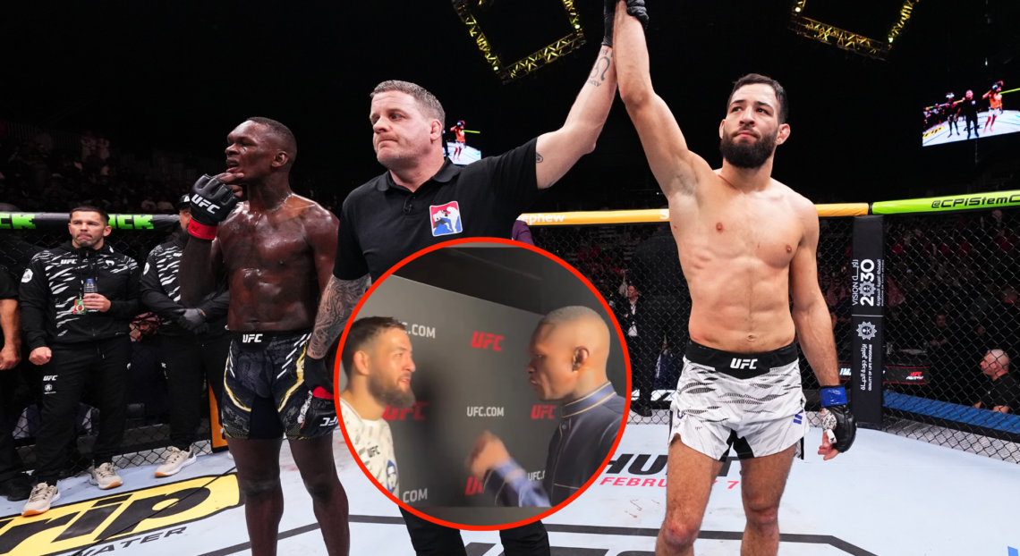Image of Nassourdine Imavov and Israel Adesanya after UFC Saudi Arabia, inset image of Imavov and Adesanya's backstage encounter