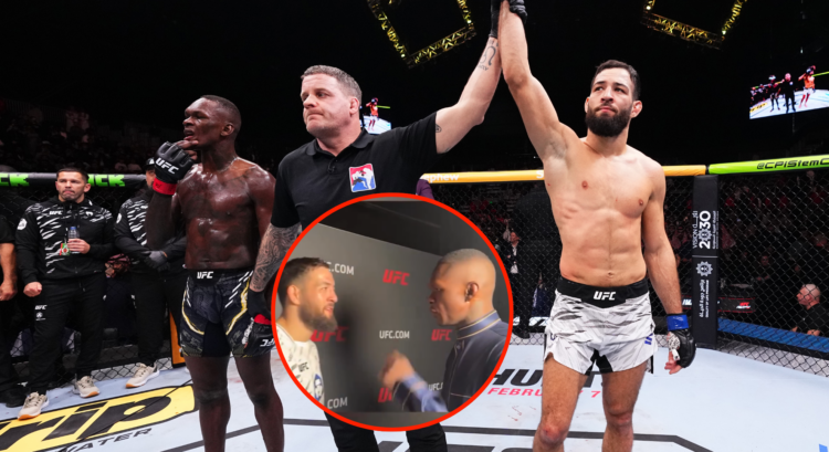 Image of Nassourdine Imavov and Israel Adesanya after UFC Saudi Arabia, inset image of Imavov and Adesanya's backstage encounter