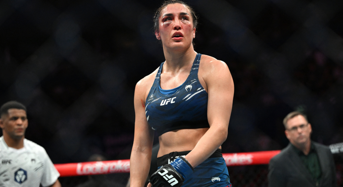 Tatiana Suarez reacts to her UFC 312 defeat to Zhang Weili