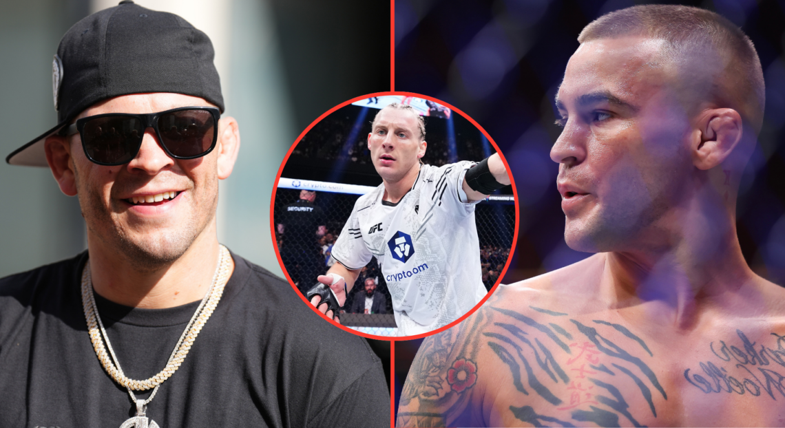 Image of Nate Diaz (left), Dustin Poirier (right), inset Paddy Pimblett