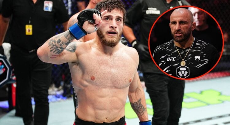 Aleksandre Topuria celebrates at UFC 312. Inset of Alexander Volkanovski at cageside