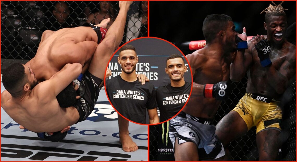 Split image of Gabriel Bonfim vs Mounir Lazzez and Ismael Bonfim vs Terrance McKinney. Inset, Ismael and Gabriel Bonfim.