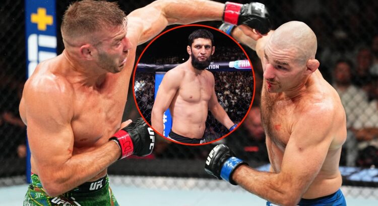 Dricus du Plessis and Sean Strickland trade blows at UFC 312. Inset of Khamzat Chimaev at UFC 308.