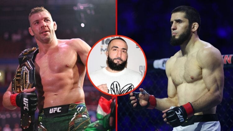 Split image of Dricus Du Plessis and Islam Makhachev with an inset of Belal Muhammad.