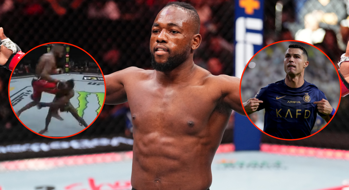 Manel Kape poses after UFC Tampa fight vs. Bruno Silva, inset Kape knocking out Ode Osbourne, and Cristiano Ronaldo posing after a goal.