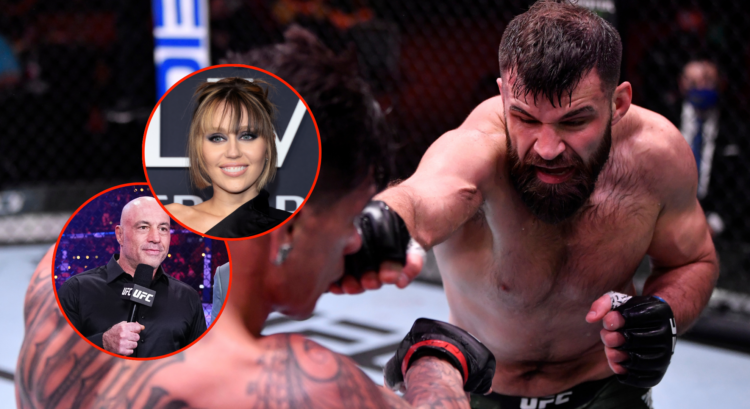 Main photo shows Julian Marquez throwing a punch at UFC 258. Top bubble shows Miley Cyrus at an awards show, bottom bubble shows Joe Rogan at a UFC...