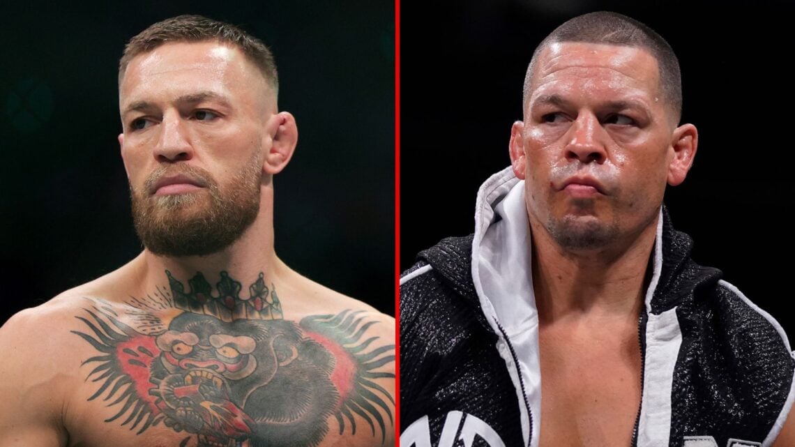 Split image of Conor McGregor and Nate Diaz.