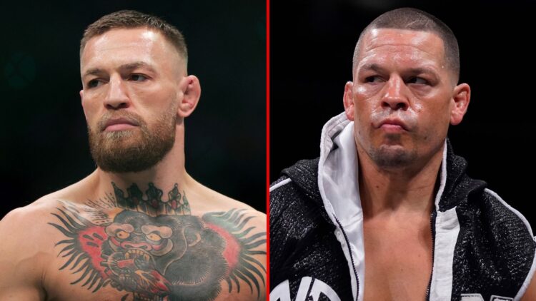 Split image of Conor McGregor and Nate Diaz.