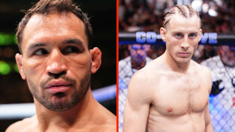 Split image. On the left, Michael Chandler with a mean expression. On the right, Paddy Pimblett looking calm and collected.