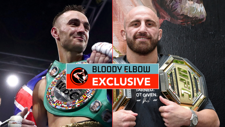 Jason Moloney and Alexander Volkanovski with exclusive banner