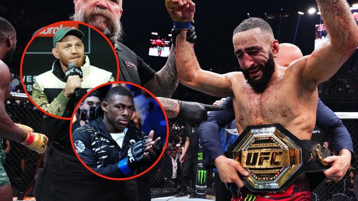 Belal Muhammad reacts after his victory against Leon Edwards of Jamaica in the UFC welterweight championship. Inset, Jack Della Maddalena and Joaqu...