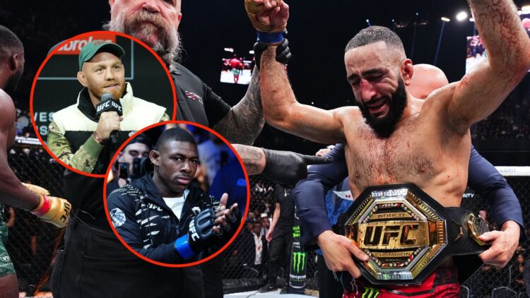 Belal Muhammad reacts after his victory against Leon Edwards of Jamaica in the UFC welterweight championship. Inset, Jack Della Maddalena and Joaqu...