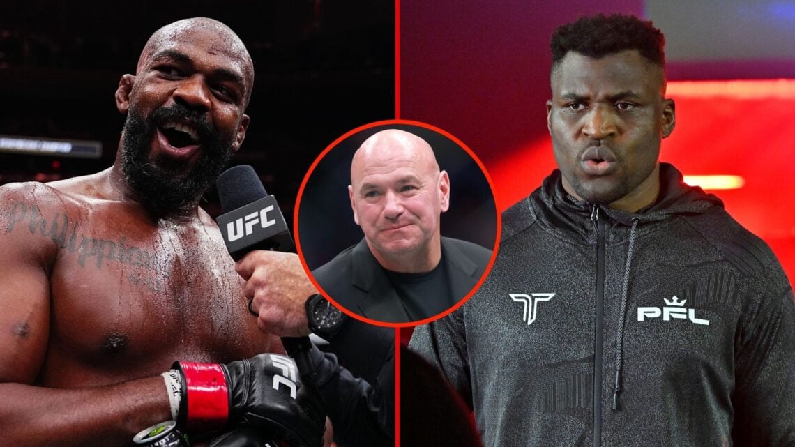 Jon Jones and Francis Ngannou. Inset, Dana White.