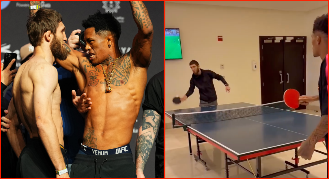 Vinicius Oliveira and Said Nurmagomedov facing off (left) and playing pingpong (right)