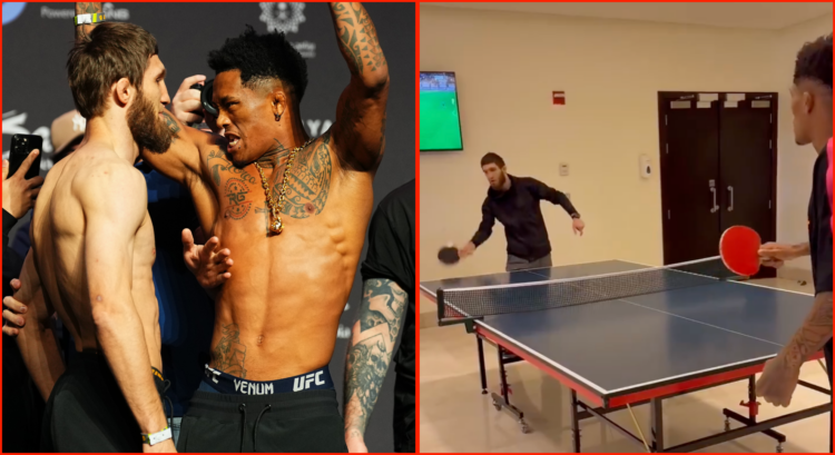 Vinicius Oliveira and Said Nurmagomedov facing off (left) and playing pingpong (right)