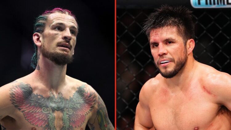 Split image of Henry Cejudo reacting after an eye poke from Song Yadong of China, and Sean O'Malley looking on following his fight.