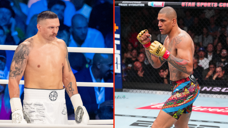Split image of (L) Oleksandr Usyk during boxing gala in Wroclaw, Poland on August 26, 2023 and Alex Pereira of Brazil in the UFC light heavyweight ...