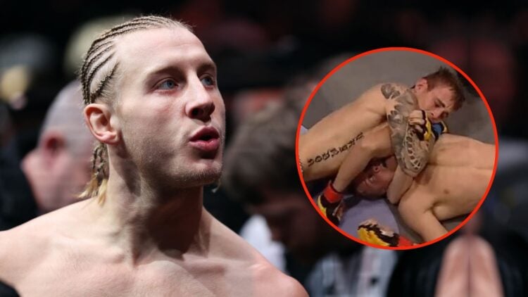 Paddy Pimblett of Great Britain looks on prior to a lightweight fight. Inset, screenshot from Cameron Else VS Paddy Pimblett, where Else has Pimble...