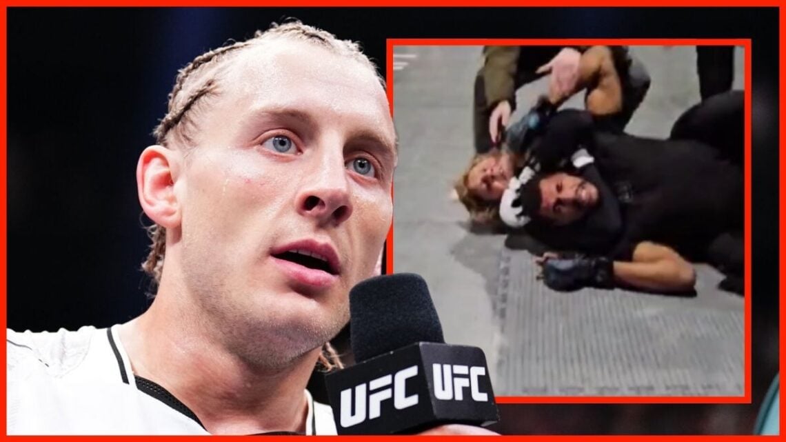 (Photo credits: Pimblett - Chris Unger/Zuffa LLC/Getty Images & Frimpong - X / @DwightSchruteOn) Paddy Pimblett speaks into the microphone at UFC 3...