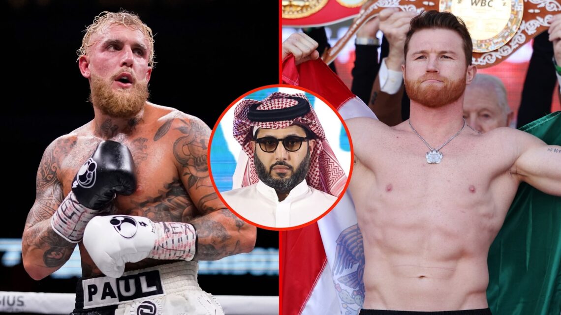 Split image of Jake Paul and Canelo Alvarez. Inset, Turki Alalshikh.
