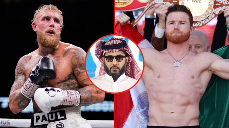 Split image of Jake Paul and Canelo Alvarez. Inset, Turki Alalshikh.