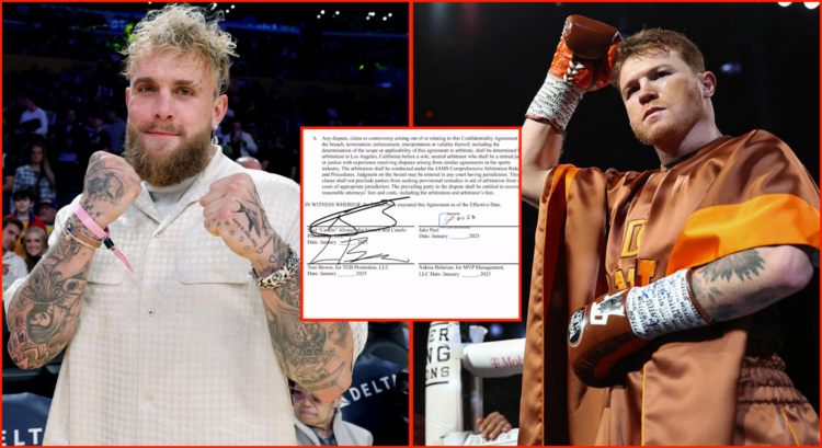 Split image of Jake Paul and Canelo Alvarez with an inset of the contract