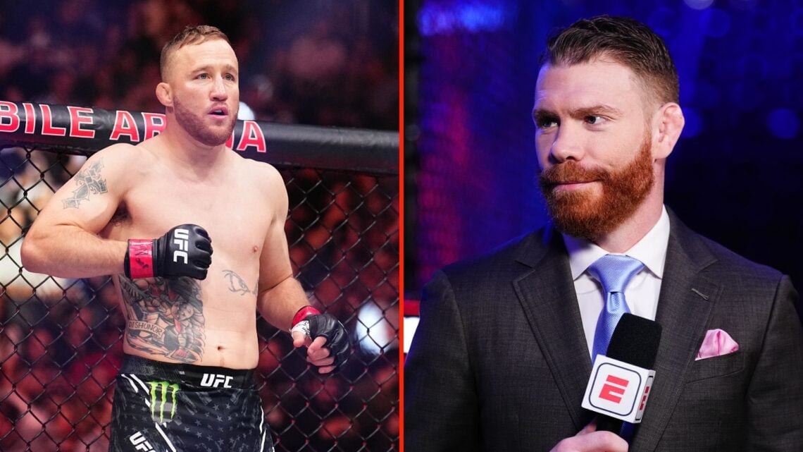 Split image of Justin Gaethje preparing to fight in a lightweight fight, and Paul Felder seen during the broadcast of the UFC Fight Night event