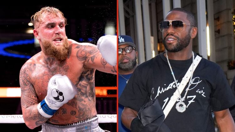 Split image as Jake Paul punches Mike Tyson during LIVE On Netflix: Jake Paul vs. Mike Tyson at AT&T Stadium, and Floyd Mayweather is seen arriving...