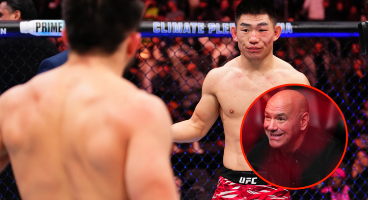 Image of Henry Cejudo and Song Yadong at UFC Seattle, inset Dana White