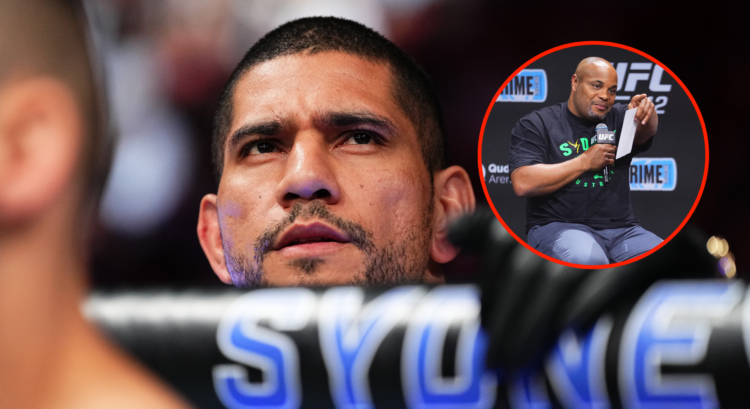 Alex Pereira in the corner of Rodolfo Belato at UFC 312. An inset of Daniel Cormier during Q&A at UFC 312 ceremonial weigh-ins.