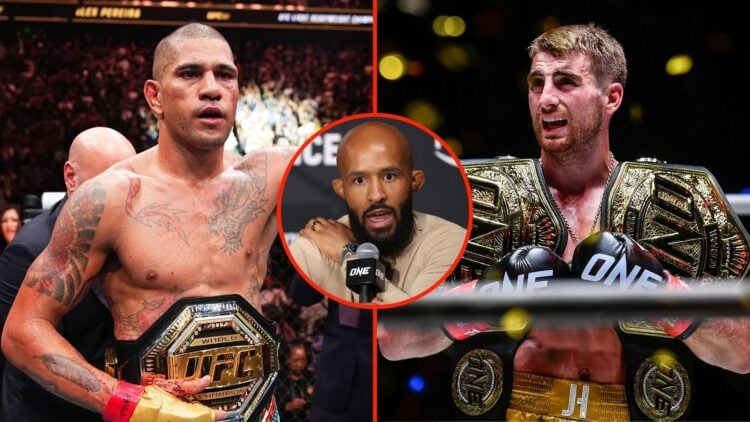 Split image of Jonathan Haggerty of England carrying title boxing belts, and Alex Pereira reacting to his TKO victory. Inset, Demetrious Johnson at...