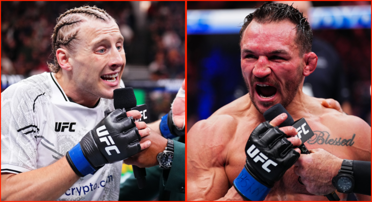 Split image: Paddy Pimblett reacts to his win over Bobby Green at UFC 304. Michael Chandler reacts to his loss against Charles Oliveira at UFC 309.