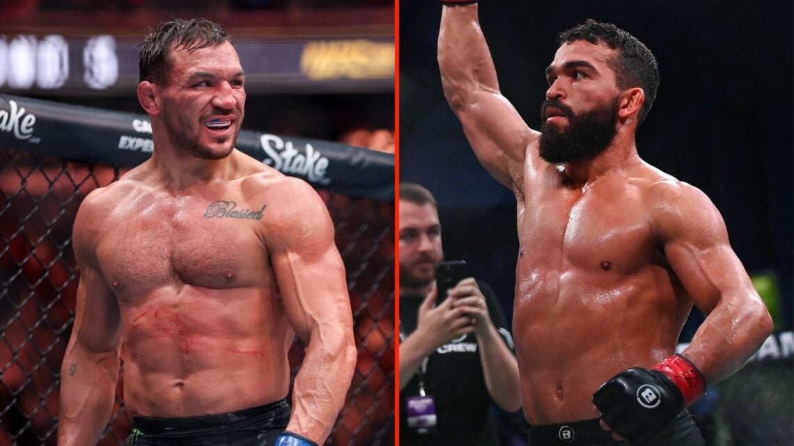 Split image of Michael Chandler of the United States of America looking on during a lightweight fight, and Patricio Pitbull celebrating after defea...