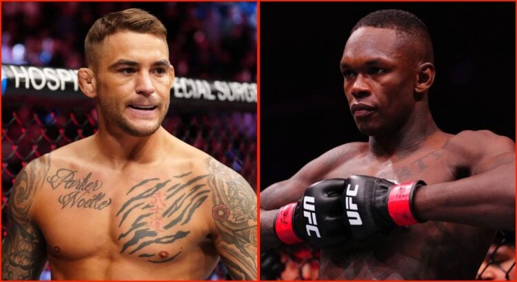 Split image of UFC fighters Israel Adesanya and Dustin Poirier.