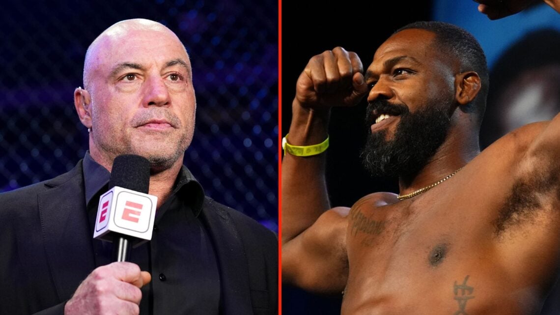Split image of Joe Rogan speaking before the UFC 309 event, and Jon Jones posing on the scale