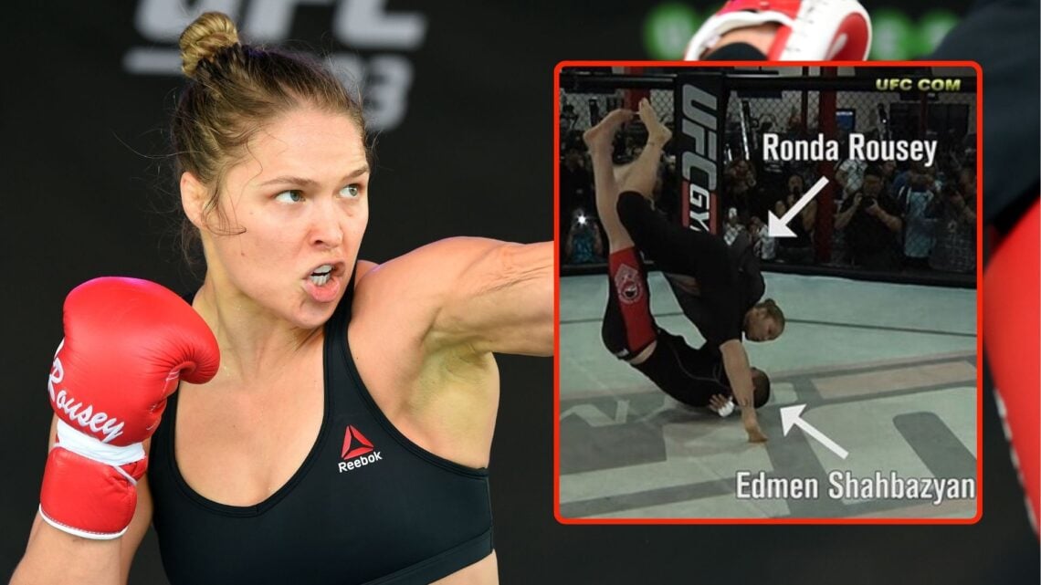 Ronda Rousey sparing. Inset, a screenshot of a video from UFC on Facebook showing Rousey training with Edmen Shahbazyan.