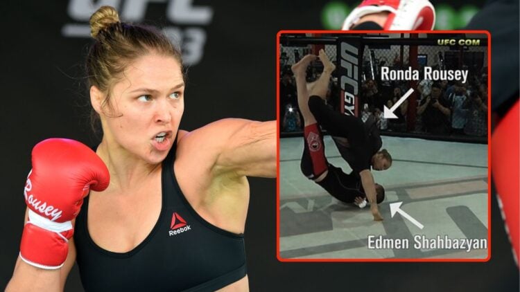 Ronda Rousey sparing. Inset, a screenshot of a video from UFC on Facebook showing Rousey training with Edmen Shahbazyan.